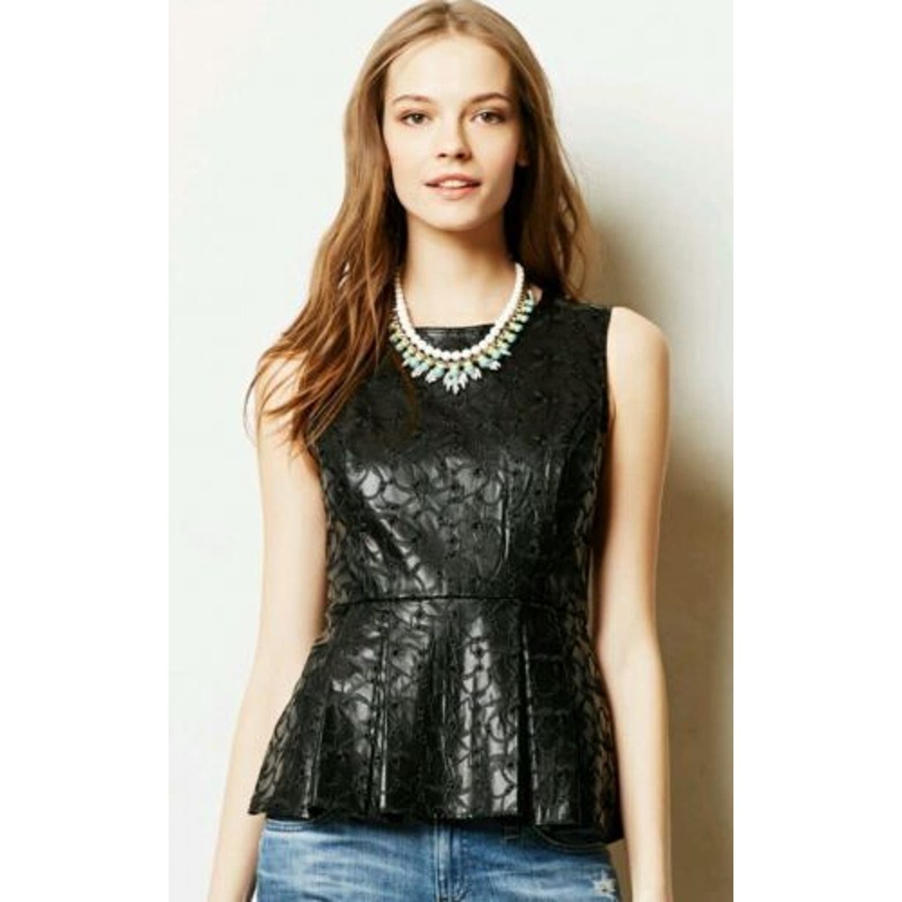 ANTHROPOLOGIE BORDEAUX VEGAN LEATHER EYELET PEPLUM BLACK TOP SIZE S